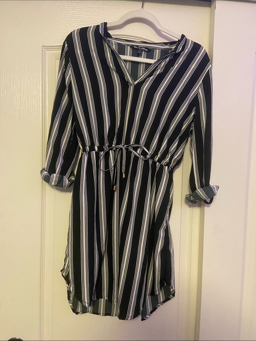 Time to Bloom Black and White Striped Drawstring Mini Dress